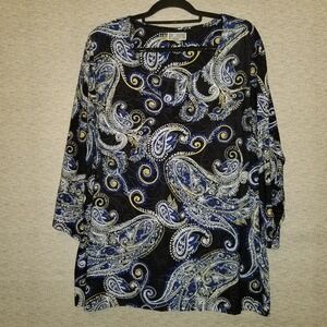JM Collection Black Blue Paisley Tunic Blouse 3/4 Sleeve Top Size 3XL